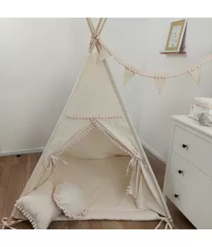 Teepee with pompoms Natural