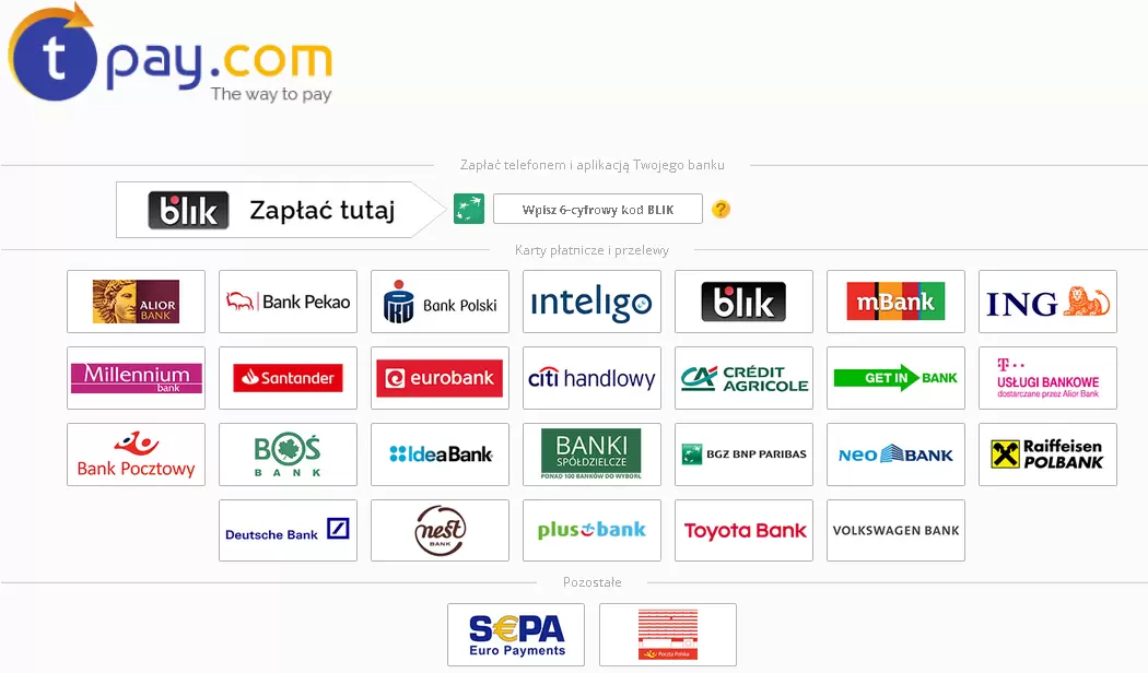Umożliwiamy szybkie płatności internetowe za pomocą serwisu tpay.com, do wyboru jest aż 40 banków